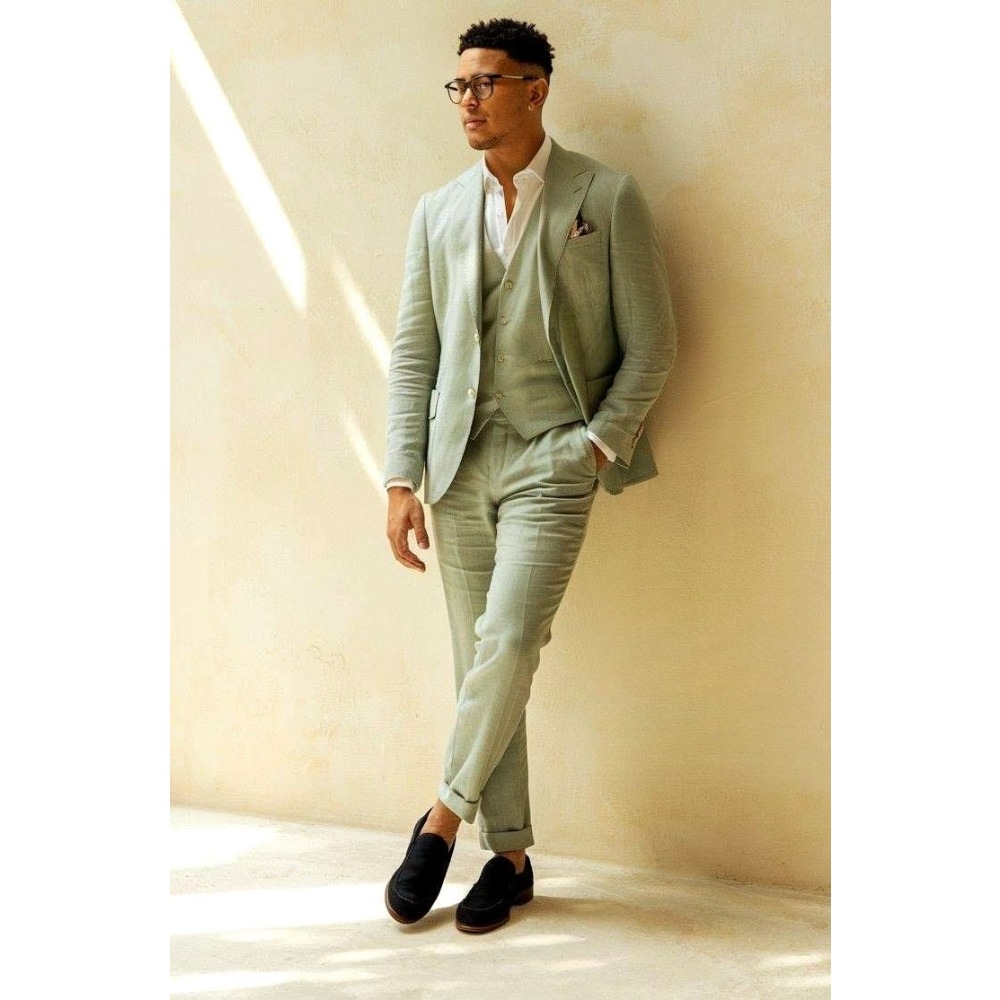 Men Linen Formal Wear - Sage Green Linen Wedding Suits 3