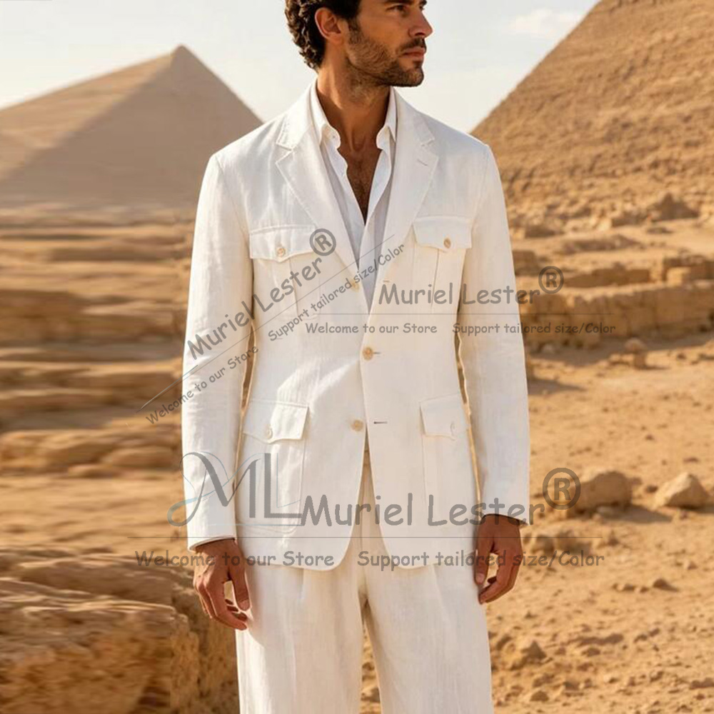 Men Linen Formal Wear - Elegant Suits Men Summer Beaded Linen