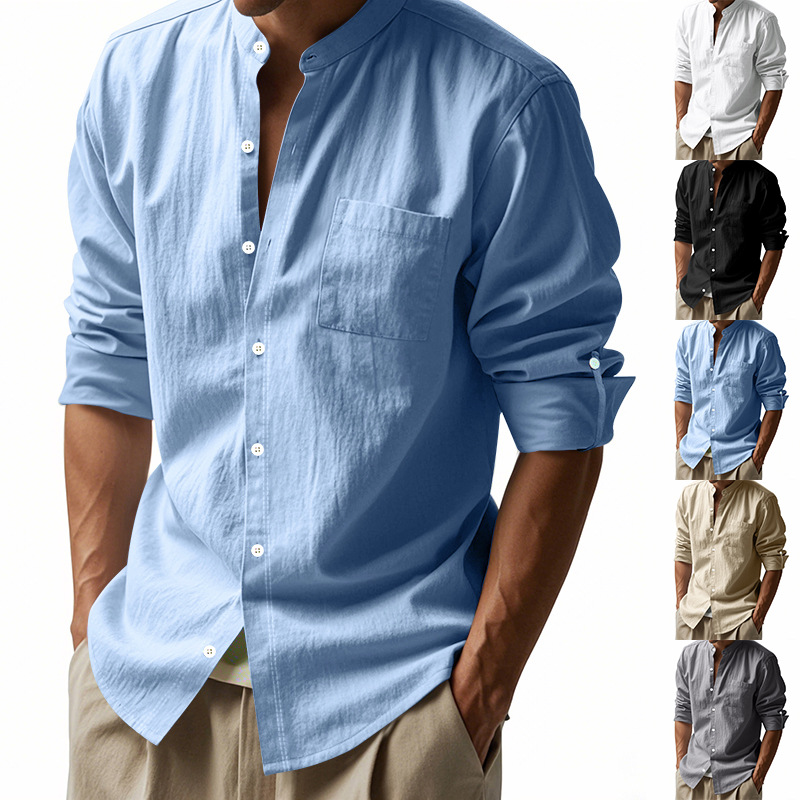 Men Linen Formal Wear - Men's Linen Stand Up Collar Shirt
