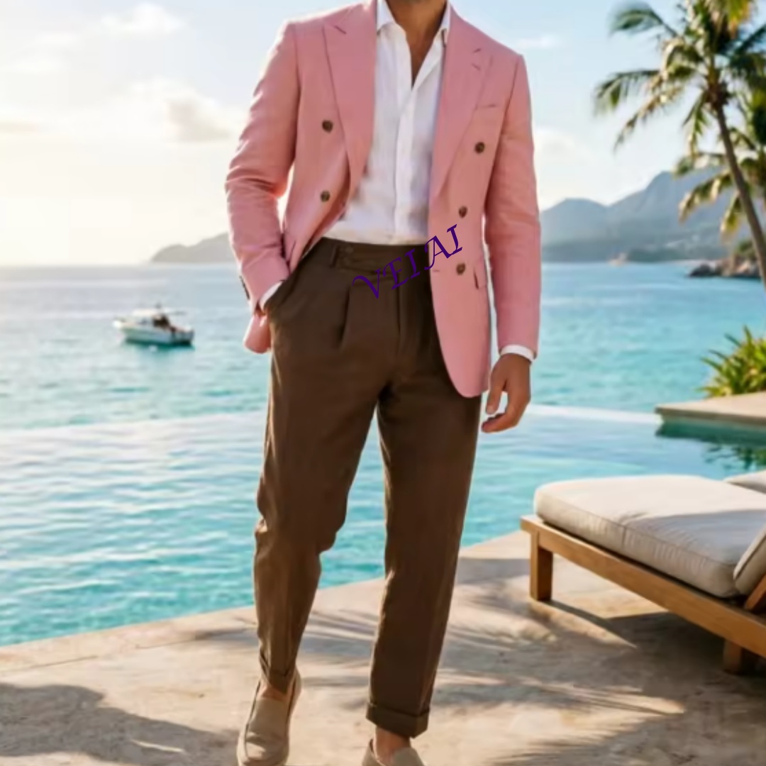 Men Linen Formal Wear - Customized 2 Piece Beige Linen Men's
