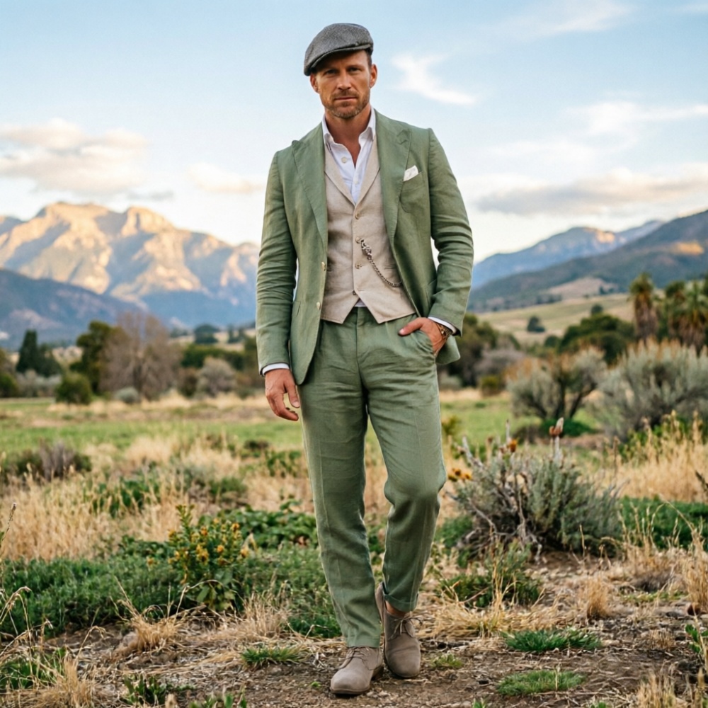 Sage Green Linen Men 3 Piece S - Men Linen Formal Wear recension och pris