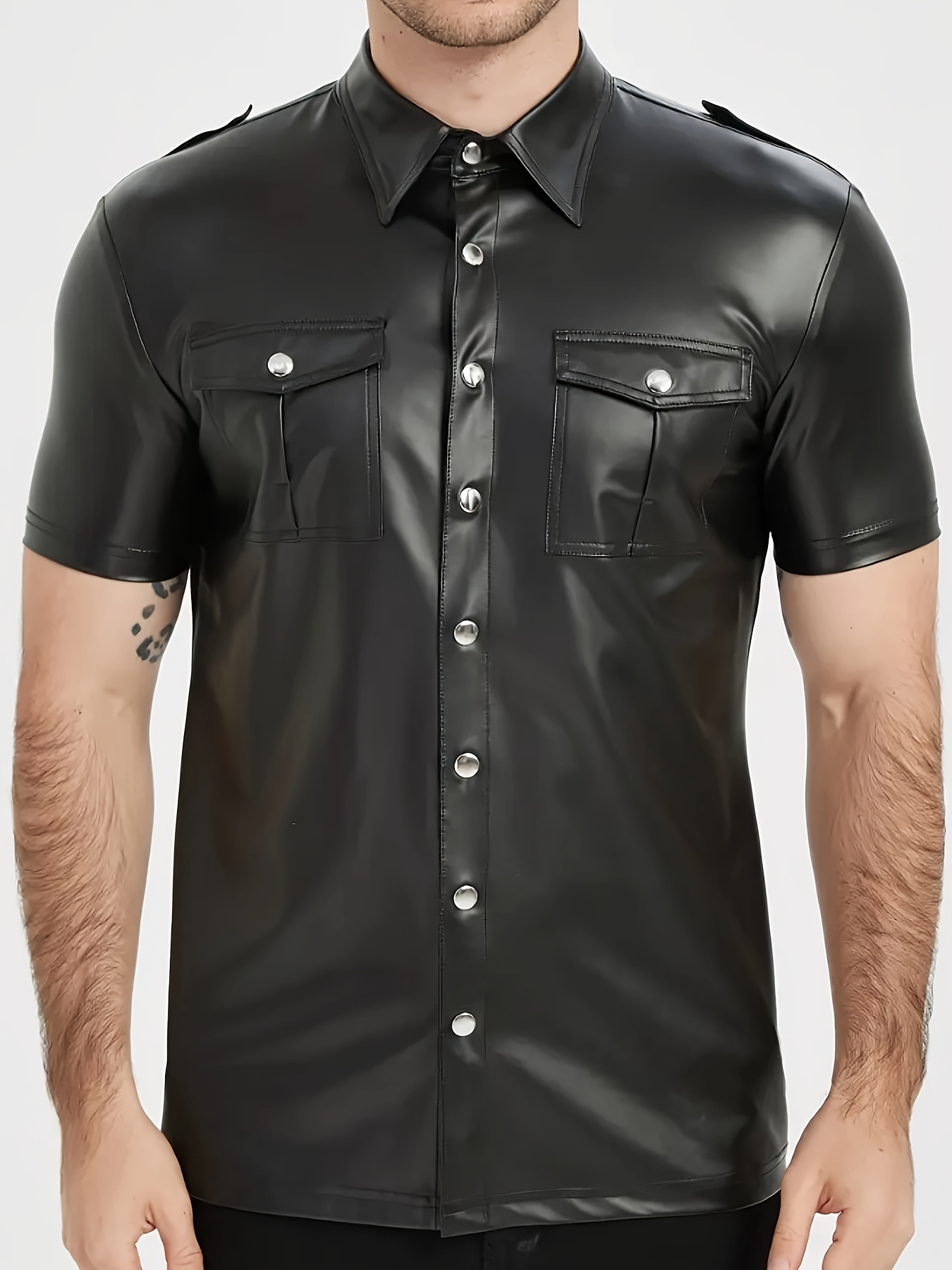 Men's PU leather short-sleeved - Men Formal Party Wear Shirt recension och pris