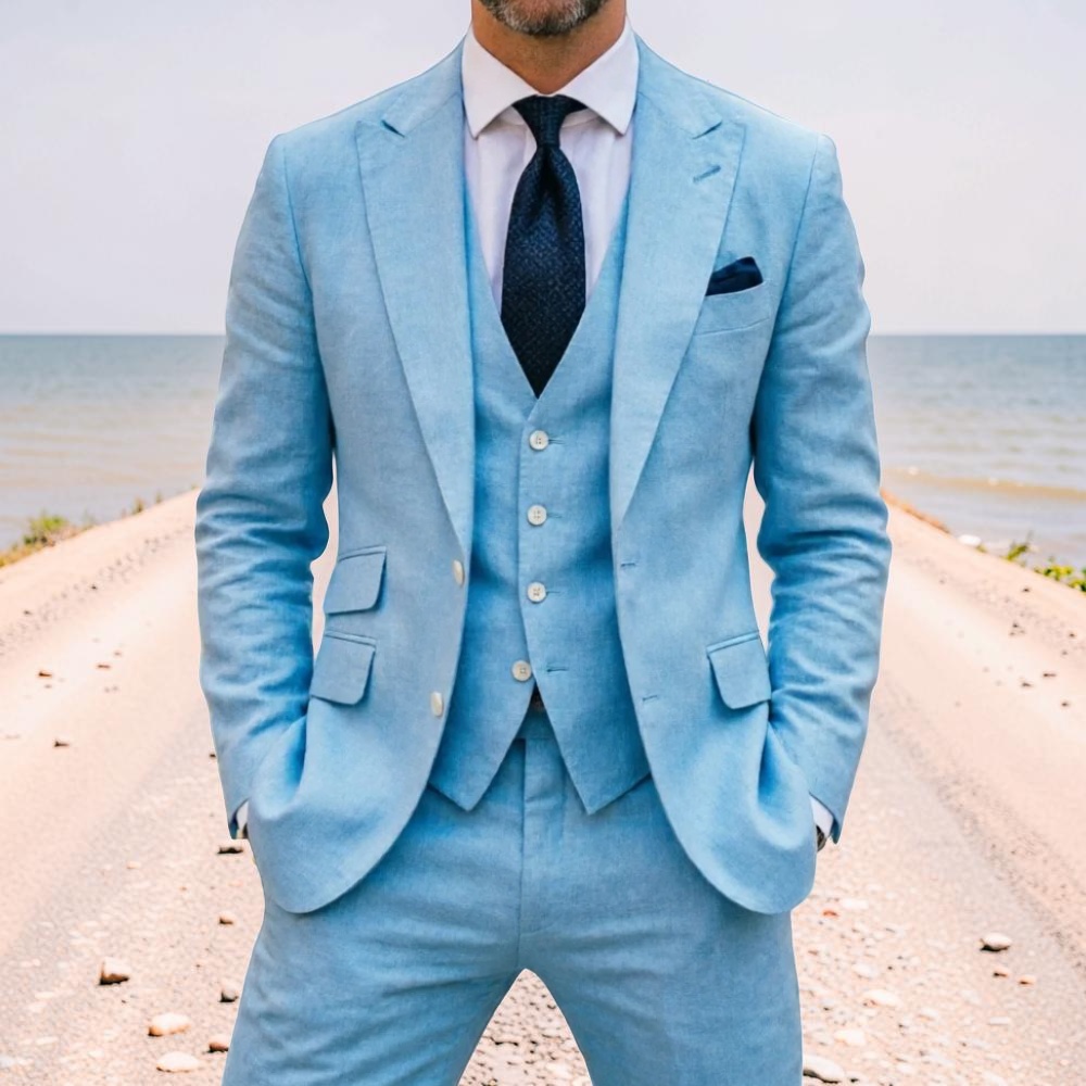 Sky Blue Linen Men Wedding Tux - Men Linen Formal Wear recension och pris